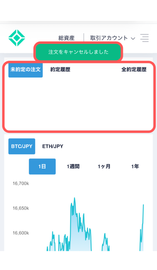 『未約定の注文』が空欄→キャンセル完了